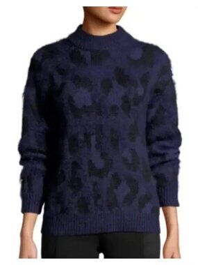 Kate Spade Wild Ones Leopard Alpaca Wool Sweater Blue Black Animal Print M